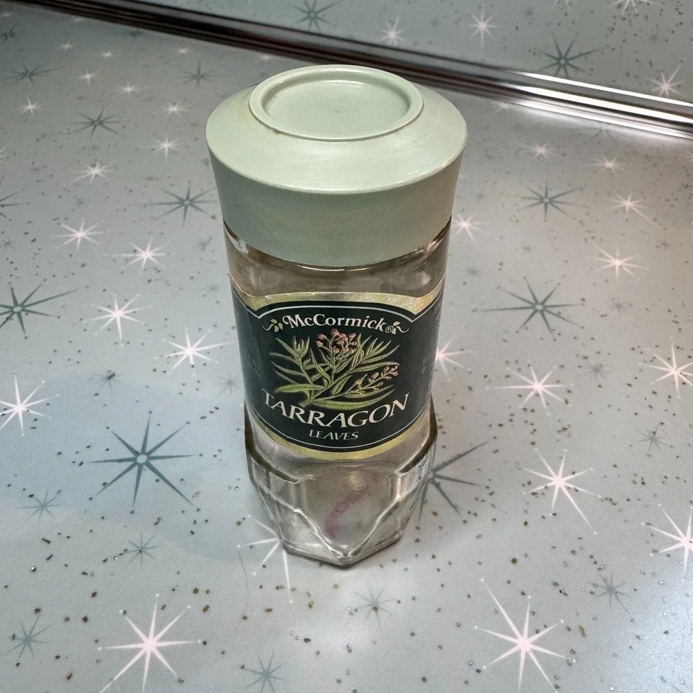 Vintage McCormick Tarragon Leaves Jar Green and Lid Label Glass Spice Bottle